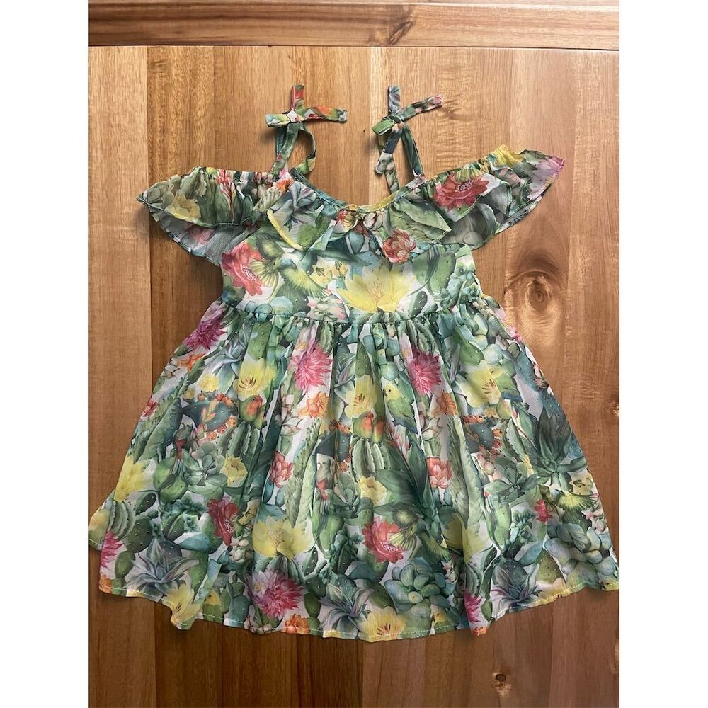 Mayoral Girls' Green Floral Cactus Succulent Parrot Knee Length Dress Size 5